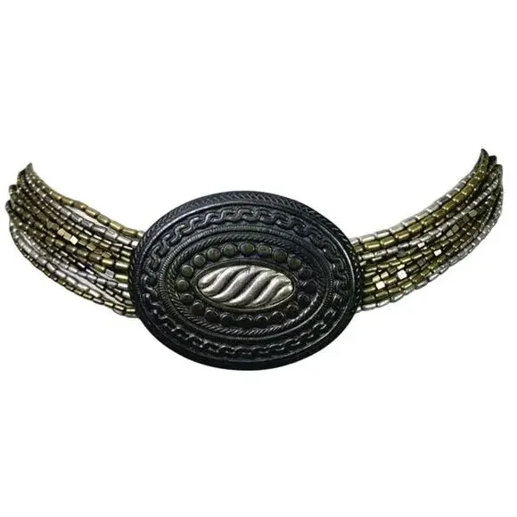 Chico’s Pewter Beaded Strand Chain Belt | Statement Oval Medallion - Picture 2 of 6